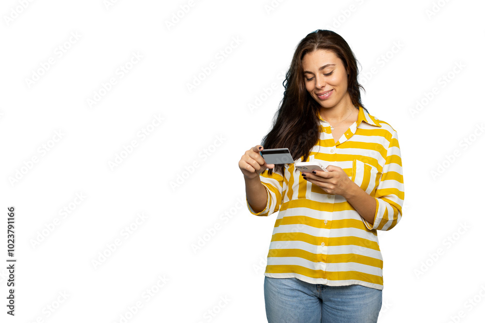 Latina using smartphone and credit card for online shopping Latina using smartphone and credit card for online shopping