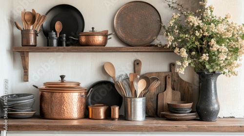 Rustic Kitchenware Arrangement with Copper and Wood Decor