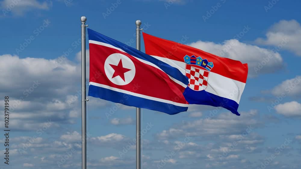 Croatia and North Korea flags flying together, video concept of the relationship, two country cooperation concept Croatia and North Korea flags flying together, video concept of the relationship, two country cooperation concept