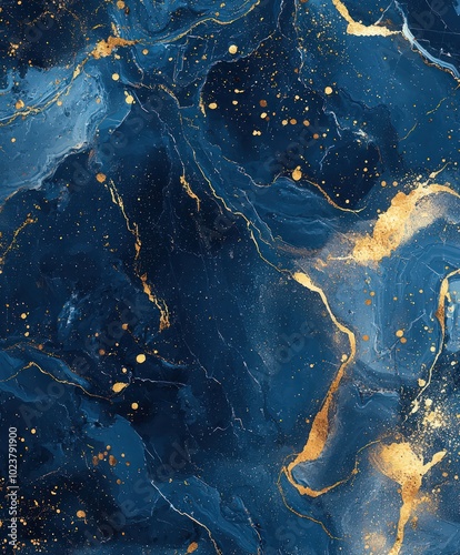 Abstract blue marble texture with gold splashes, luxury background