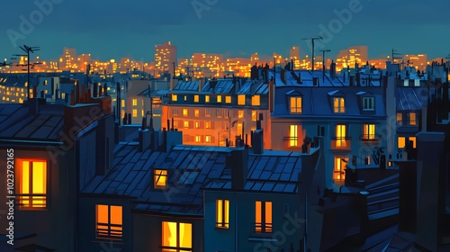 Flat illustration of the rooftops in Paris at night