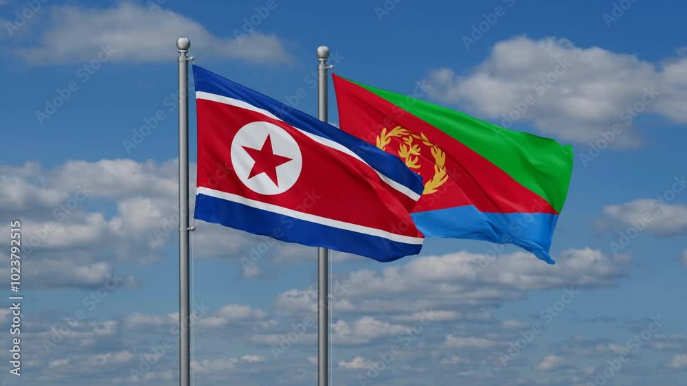 Eritrea and North Korea flags flying together, video concept of the relationship, two country cooperation concept Eritrea and North Korea flags flying together, video concept of the relationship, two country cooperation concept