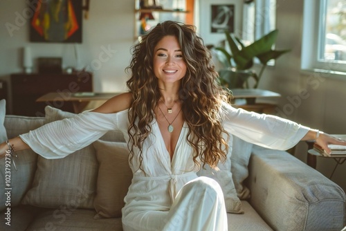 portrait of a fashionable woman sitting on a modern couch in her chic living room, arms outstretched and radiantly smiling.