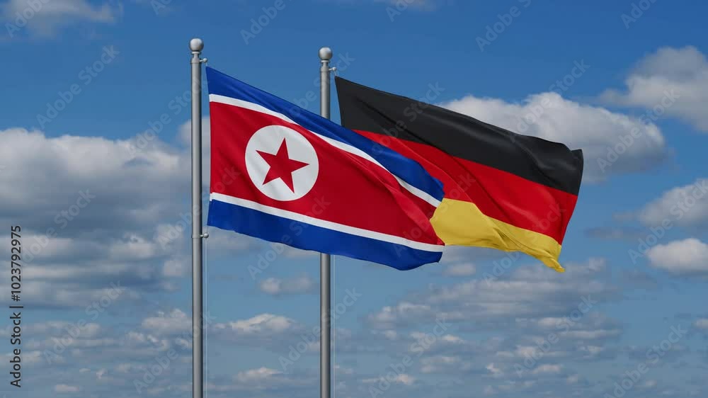 Germany and North Korea flags flying together, video concept of the relationship, two country relations concept Germany and North Korea flags flying together, video concept of the relationship, two country relations concept