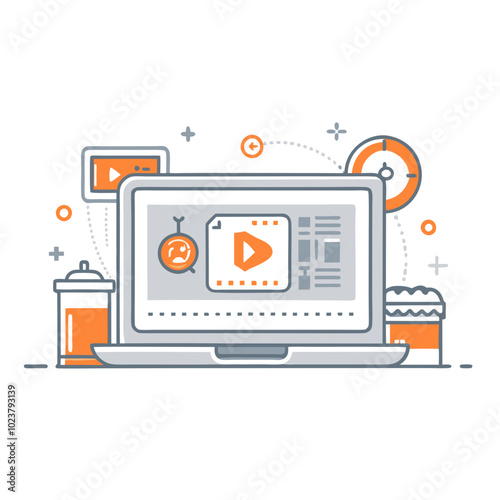 Product demo illustration with digital device and play button icon