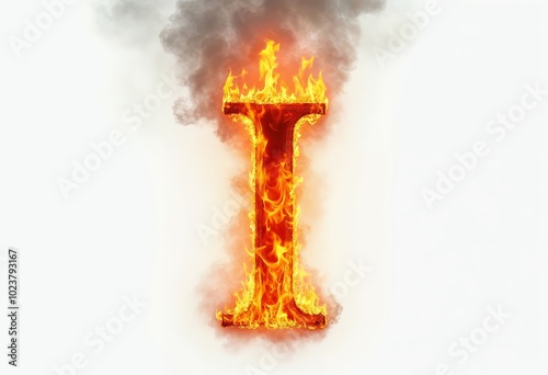 Depicting a Burning Letter 'I' Surrounded by Flames and Smoke for Creative and Artistic Visuals photo