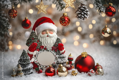 A cheerful Santa Claus figure adorned with festive decorations celebrates Christmas in a winter wonderland setting