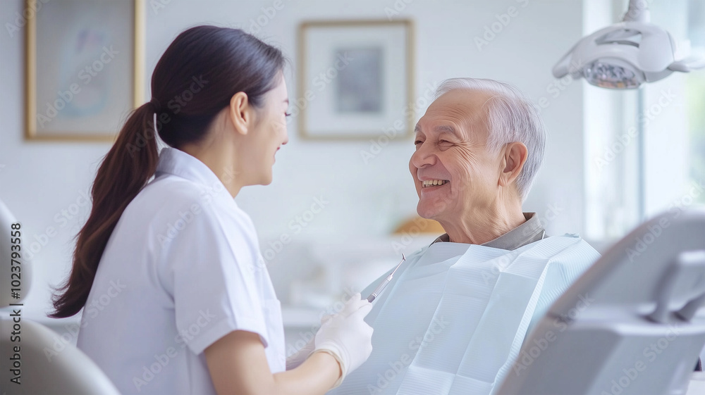 Obraz premium 歯科検診を行う日本人女性歯科医師と高齢男性