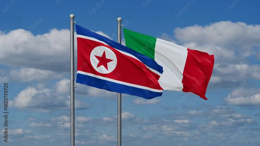 Italy and North Korea flags flying together, video concept of the relationship, two country cooperation concept Italy and North Korea flags flying together, video concept of the relationship, two country cooperation concept