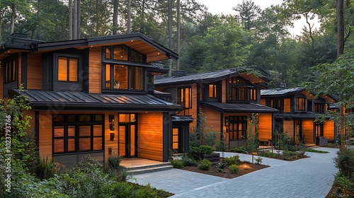 Modern homes with wood siding and black roofs are nestled in a wooded setting.