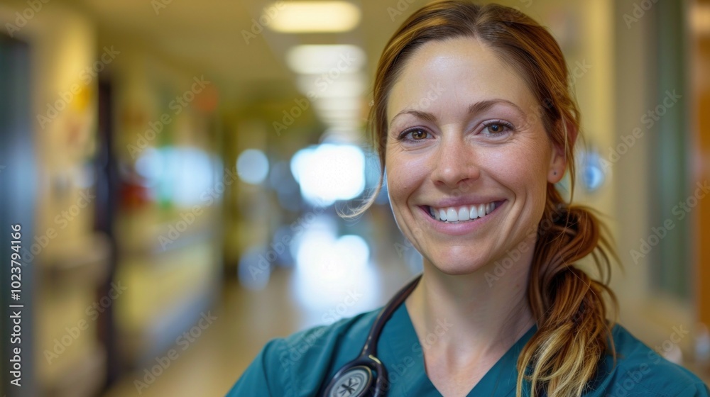 A cheerful female healthcare worker in scrubs smiling confidently while standing in a hospital corridor. International Nurses Day A cheerful female healthcare worker in scrubs smiling confidently while standing in a hospital corridor. International Nurses Day
