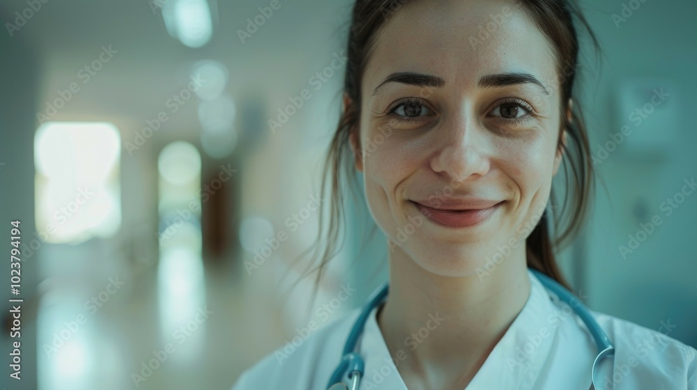 A cheerful female healthcare worker in scrubs smiling confidently while standing in a hospital corridor.  International Nurses Day