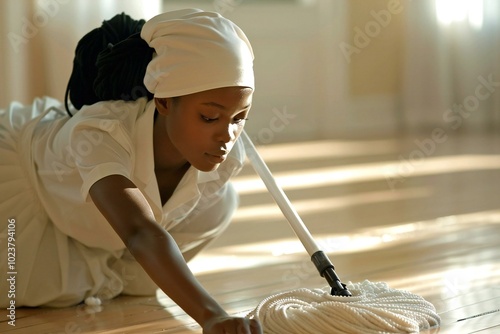 young maid in a uniform cleaning a hardwood floor with a mop. photo