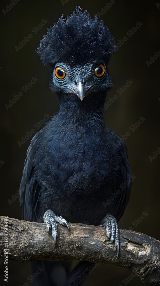 Obraz premium Northern Helmeted Curassow Perched on a Branch on a Black Background, Realistic Photo, Standard Background, Wallpaper, Cover and Screen for Smartphone, PC, Laptop, 9:16 and 16:9 Format