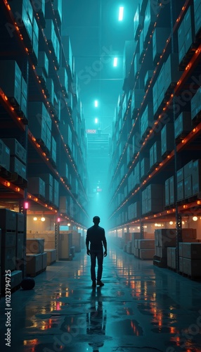 A lone figure stands in an illuminated warehouse aisle, surrounded by neatly stacked boxes, highlighting themes of logistics, solitude, and modern industry.