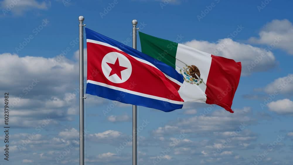 Mexico and North Korea flags flying together, video concept of the relationship, two country relations concept