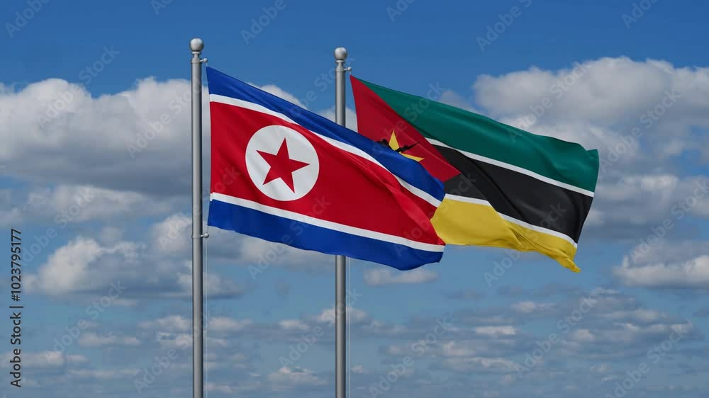 Mozambique and North Korea flags flying together, video concept of the relationship, two country cooperation concept Mozambique and North Korea flags flying together, video concept of the relationship, two country cooperation concept
