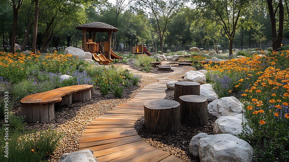 A wooden path winds through a lush garden with flowers, rocks, and a small wooden play structure in the distance. A wooden path winds through a lush garden with flowers, rocks, and a small wooden play structure in the distance.