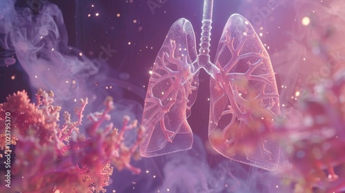 A 3D rendering of human lungs with intricate detail of bronchi, surrounded by floating particles, symbolizing respiratory health and air pollution