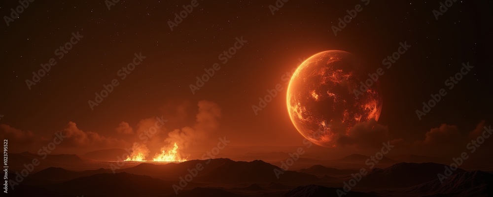 Obraz premium A stunning cosmic landscape featuring a fiery planet and an orange-tinted sky, perfect for science fiction, fantasy themes, and space-related projects.