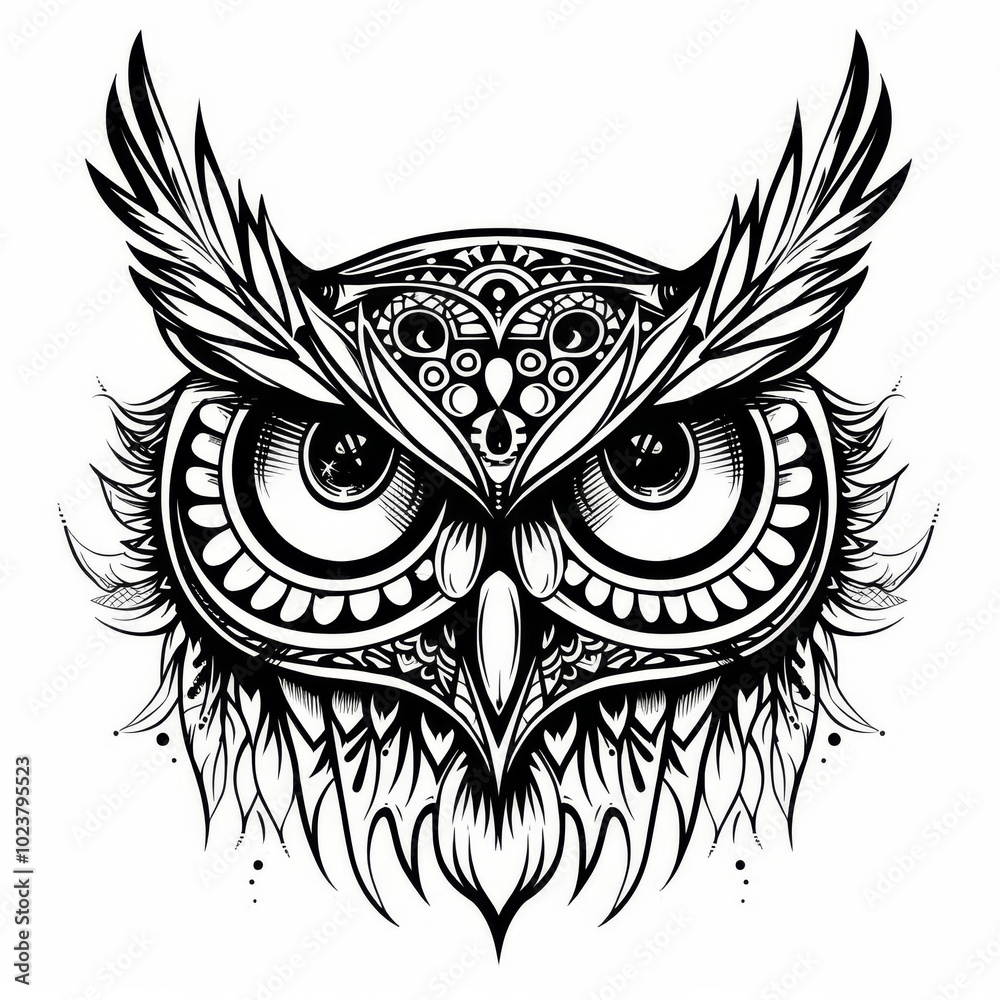 Owl head with tribal patterns in a drawing book style. Owl head with tribal patterns in a drawing book style.