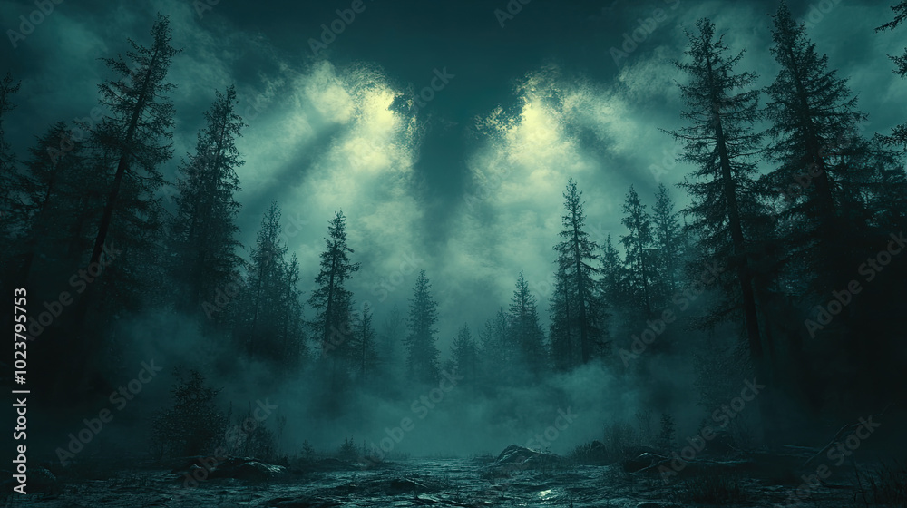 A dense forest shrouded in fog features tall trees illuminated by soft rays of light during twilight A dense forest shrouded in fog features tall trees illuminated by soft rays of light during twilight