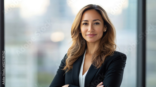 A woman in a business suit is standing in front of a window