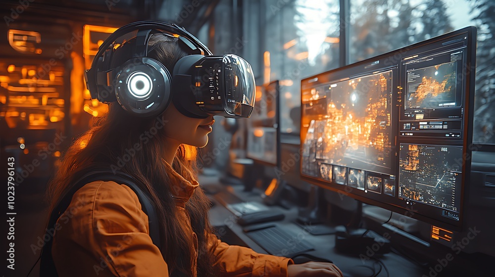 A young woman wearing a VR headset and headphones sits in front of a computer screen, exploring a virtual world. A young woman wearing a VR headset and headphones sits in front of a computer screen, exploring a virtual world.