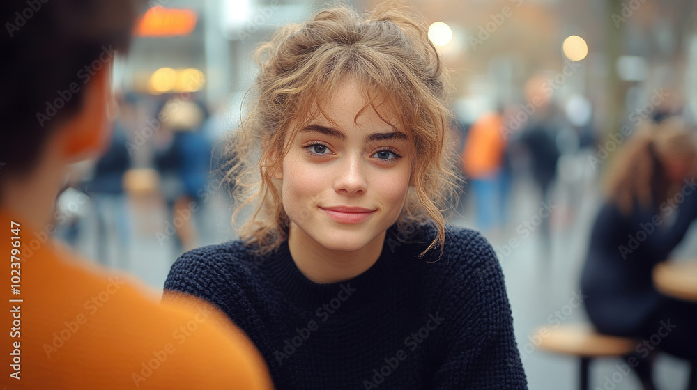 A young woman smiles warmly while seated at an outdoor café, surrounded by the vibrant atmosphere of a busy autumn day A young woman smiles warmly while seated at an outdoor café, surrounded by the vibrant atmosphere of a busy autumn day