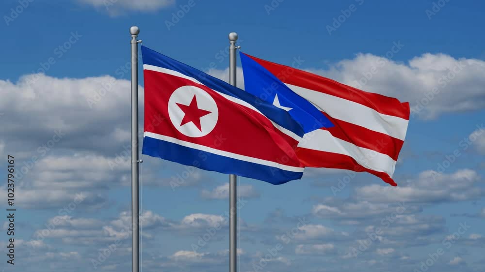 Puerto Rico and North Korea flags flying together, video concept of the relationship, two country cooperation concept Puerto Rico and North Korea flags flying together, video concept of the relationship, two country cooperation concept