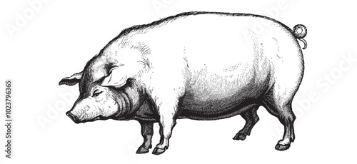 Hand drawn farm animals. Pig collection. Engraved Livestock animal.