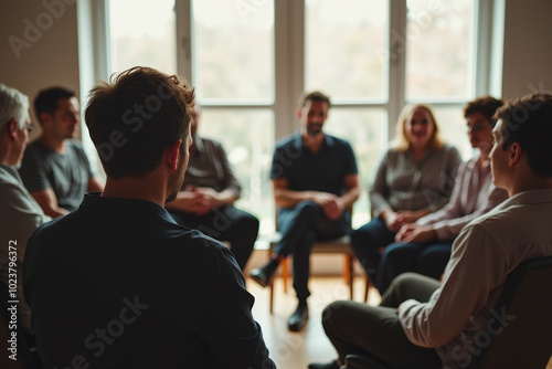 Group of people sitting in a circle, support group or group therapy concept