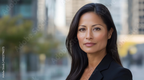 A woman in a black suit is standing in front of a building