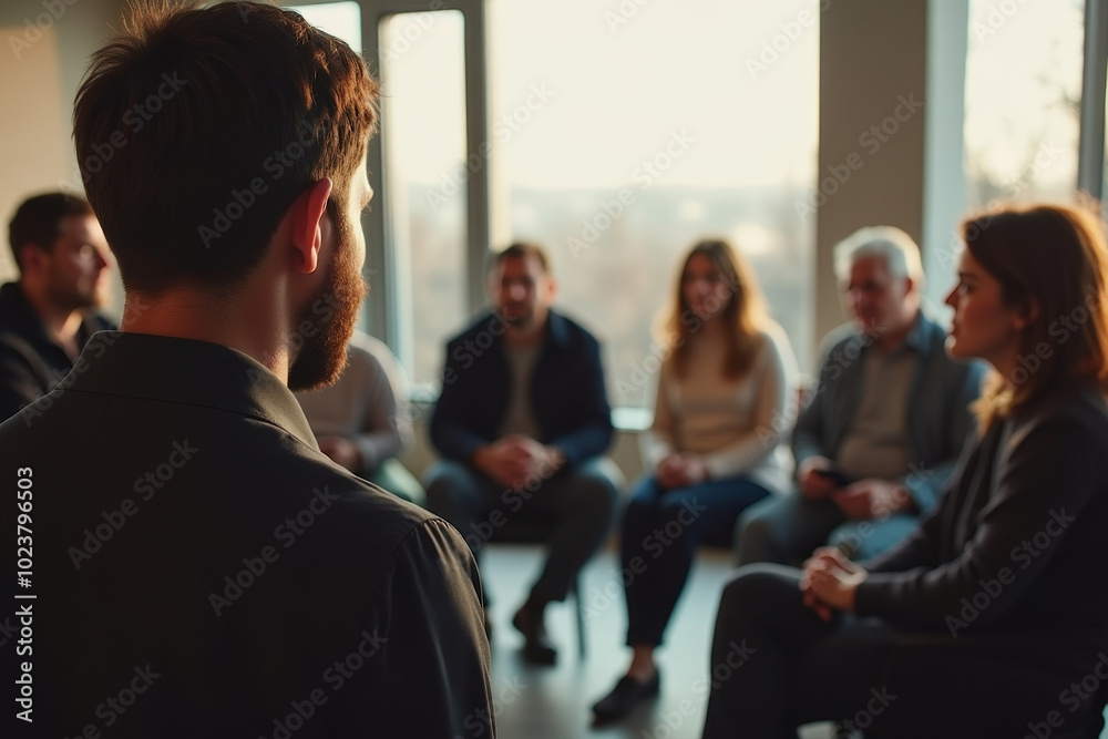 Group of people sitting in a circle, support group or group therapy concept Group of people sitting in a circle, support group or group therapy concept