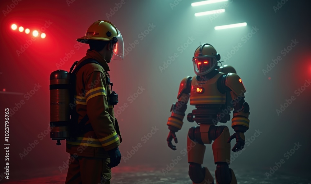 A firefighter engages with a futuristic firefighting robot in a moody, illuminated environment, showcasing advanced technology in emergency response situations. A firefighter engages with a futuristic firefighting robot in a moody, illuminated environment, showcasing advanced technology in emergency response situations.