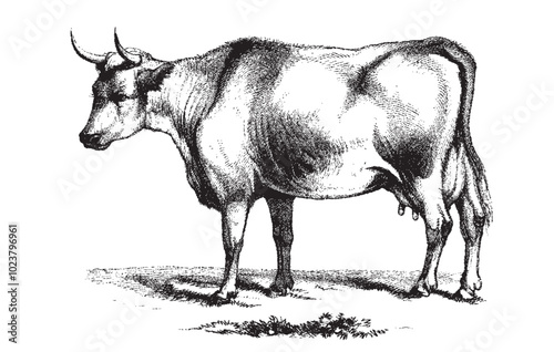 Farm Animal Set. Cow in black and white hand drawn vintage engraving illustration. Ink sketch farm bull. Beef animal silhouette art cow beef cattle.