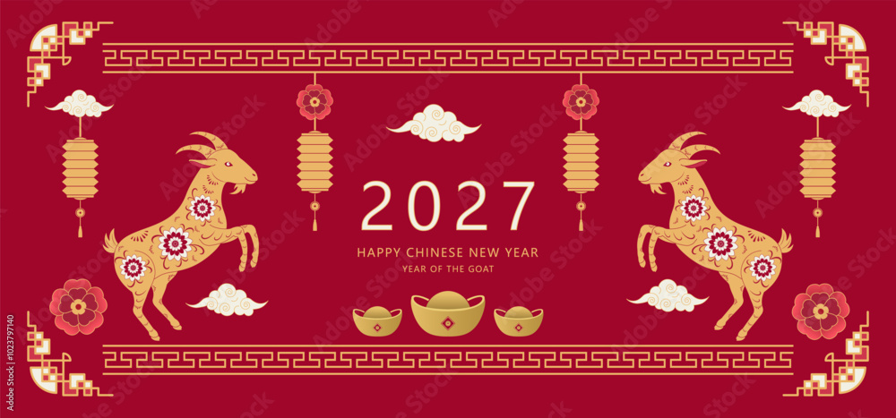 Fototapeta premium Happy Chinese New Year 2027. Background with red goats, clouds, and Chinese lanterns. Vector illustration.