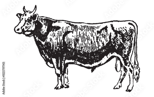 Farm Animal Set. Cow in black and white hand drawn vintage engraving illustration. Ink sketch farm bull. Beef animal silhouette art cow beef cattle.