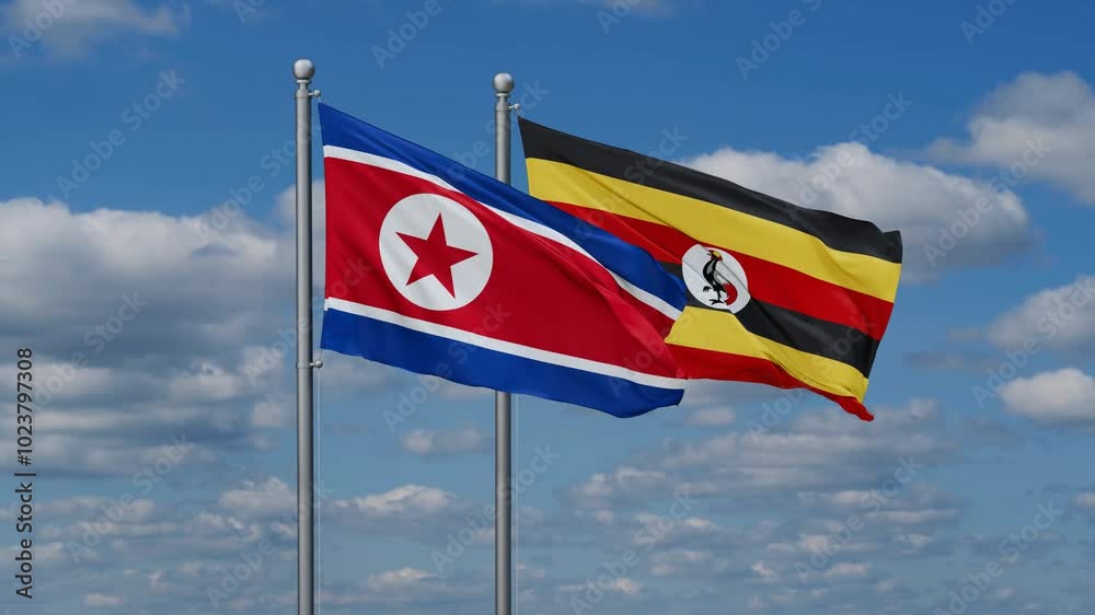 Republic of Uganda and North Korea flags flying together, video concept of the relationship, two country cooperation concept Republic of Uganda and North Korea flags flying together, video concept of the relationship, two country cooperation concept