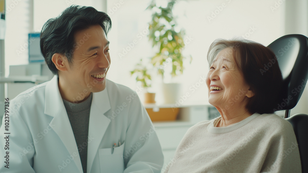 Obraz premium 高齢女性に口腔ケアを指導する日本人歯科医師