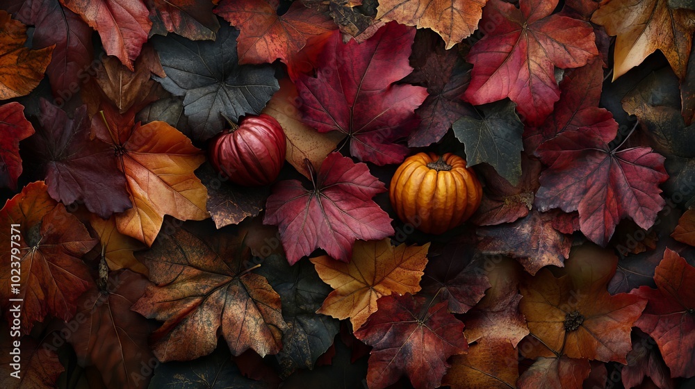 Fototapeta premium A close up of autumn leaves with pumpkins on top. The leaves are of various colors and sizes