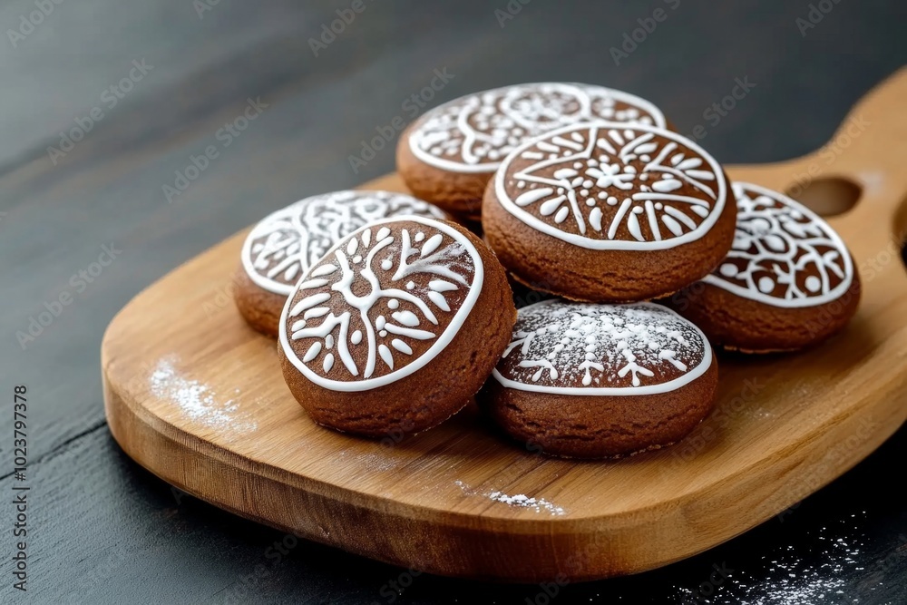 Festive Gingerbread Cookies with Intricate Icing Designs on Wooden Board - Perfect for Holiday Celebrations and Winter Gatherings Festive Gingerbread Cookies with Intricate Icing Designs on Wooden Board - Perfect for Holiday Celebrations and Winter Gatherings