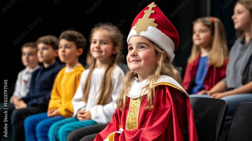 Fototapeta premium Festive Children's Choir Performance Featuring Young Girl in Traditional Costume