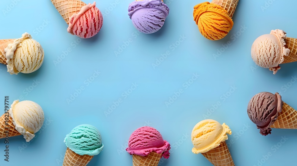 Colorful ice cream cones arranged in a circle on a blue background. Flat lay composition with copy space. Summer dessert or sweet treat concept. Design for banner, invitation, marketing. Colorful ice cream cones arranged in a circle on a blue background. Flat lay composition with copy space. Summer dessert or sweet treat concept. Design for banner, invitation, marketing.