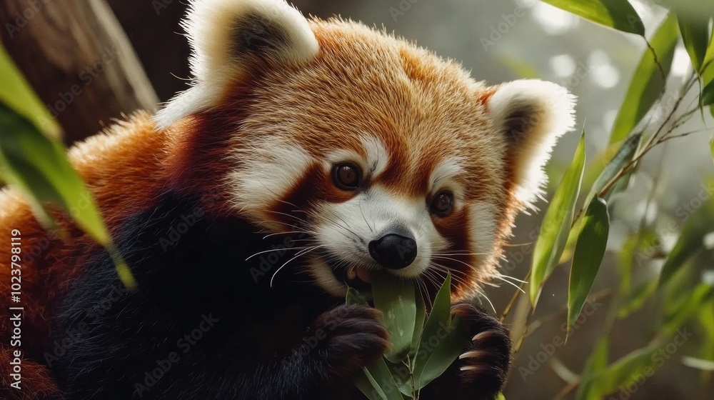 Fototapeta premium A red panda with a black and white face eats green leaves from a bamboo stalk while looking at the camera.