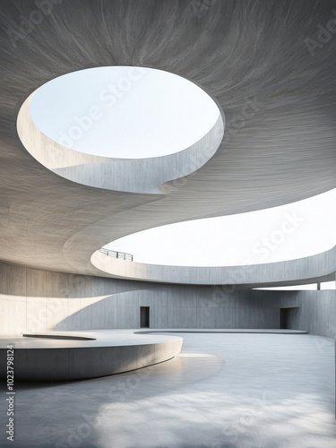 A sleek, modern architectural space with a prominent circular opening in the ceiling, casting light onto an expansive concrete floor. Generative AI