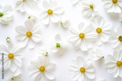 White cosmos flowers on a white background.
