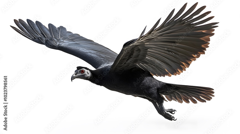 Fototapeta premium Northern Helmeted Curassow Flying on White Background, Photo Realistic, Standard Background, Wallpaper, Cover and Screen of Smartphone, PC, Laptop, 9:16 and 16:9 Format