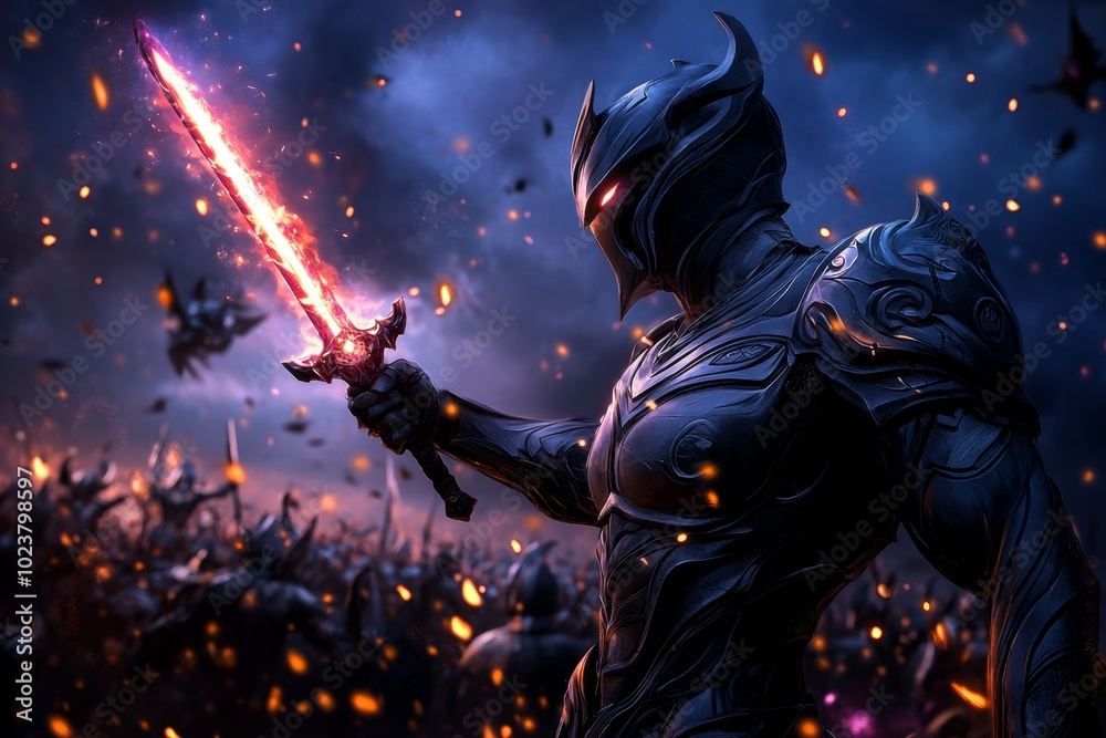 An ancient veteran warrior holding a glowing sword, standing in front of a battlefield, honored by a crowd of mythical creatures for their bravery An ancient veteran warrior holding a glowing sword, standing in front of a battlefield, honored by a crowd of mythical creatures for their bravery