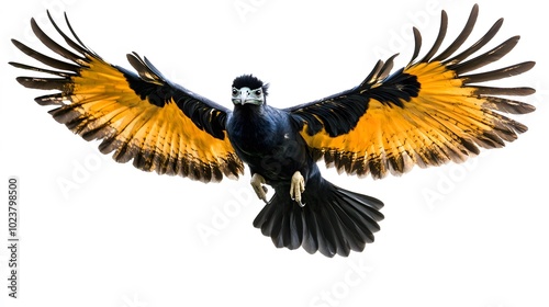 Northern Helmeted Curassow Flying on White Background, Photo Realistic, Standard Background, Wallpaper, Cover and Screen of Smartphone, PC, Laptop, 9:16 and 16:9 Format photo